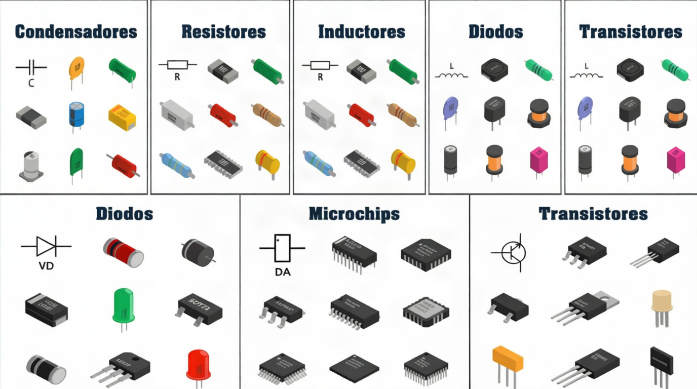 Ficha de referencia con ilustraciones de condensadores, resistores, inductores, diodos, transistores y microchips